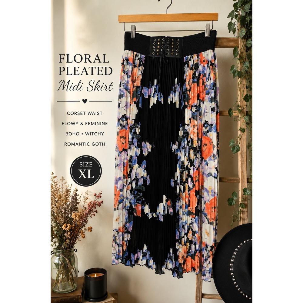 Floral Pleated Midi Skirt XL Black Corset Waist Boho Witchy Romantic Goth XL